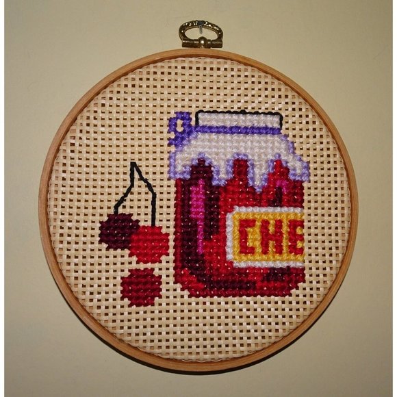 Vintage Needlepoint Hoop Art Cherries on Woven Rattan wood frame farmhouse decor - Picture 6 of 11